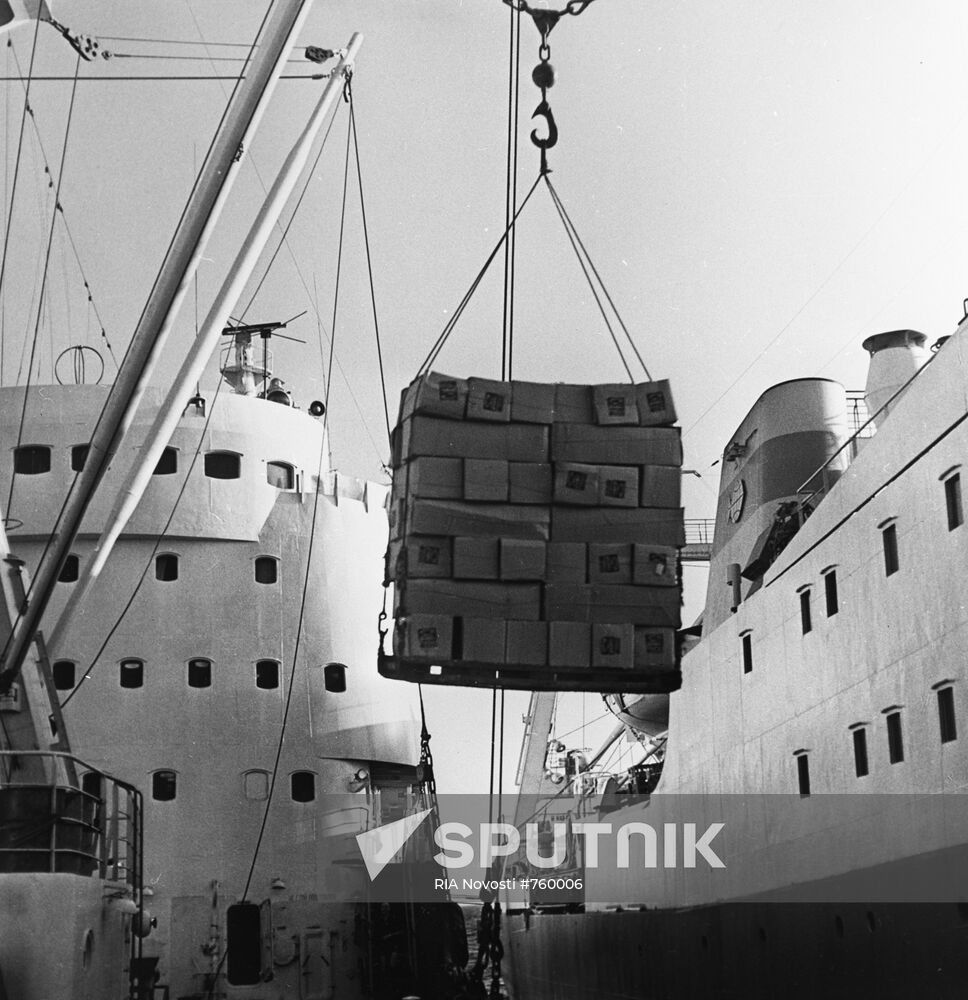 Unloading of frozen fish from a trawler ship