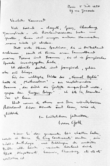 Yvan Goll's letter to Vladimir Mayakovsky