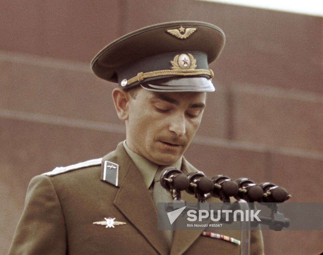 Soviet pilot-cosmonaut Valery Bykovsky addressing a meeting