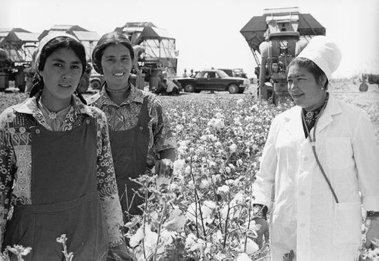 Maya Akyeva and machine operators in cotton field