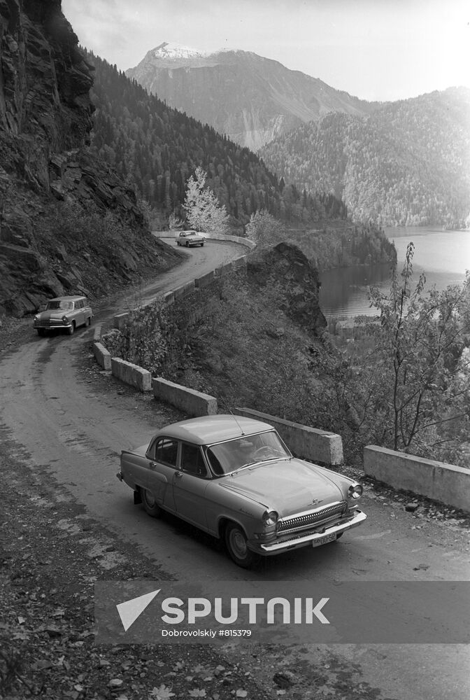 A Volga passenger car in the mountains
