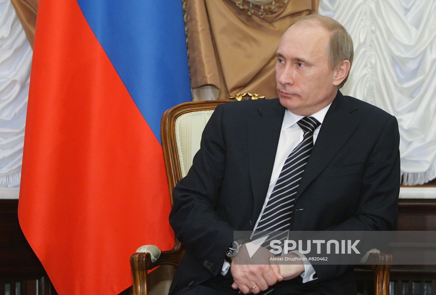 December 9, 2010. Russian Prime Minister Vladimir Putin, pictured, talking to French Prime Minister François Fillon in the Reception House of the Russian Government. Location: Russia, Moscow. Author: Alexei Druzhinin/Sputnik. Vladimir Putin meets with François Fillon