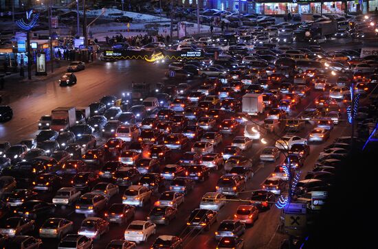 Gridlocked traffic in Moscow