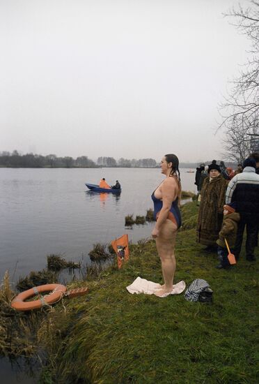A winter swimmer on the bank of the Moskva River