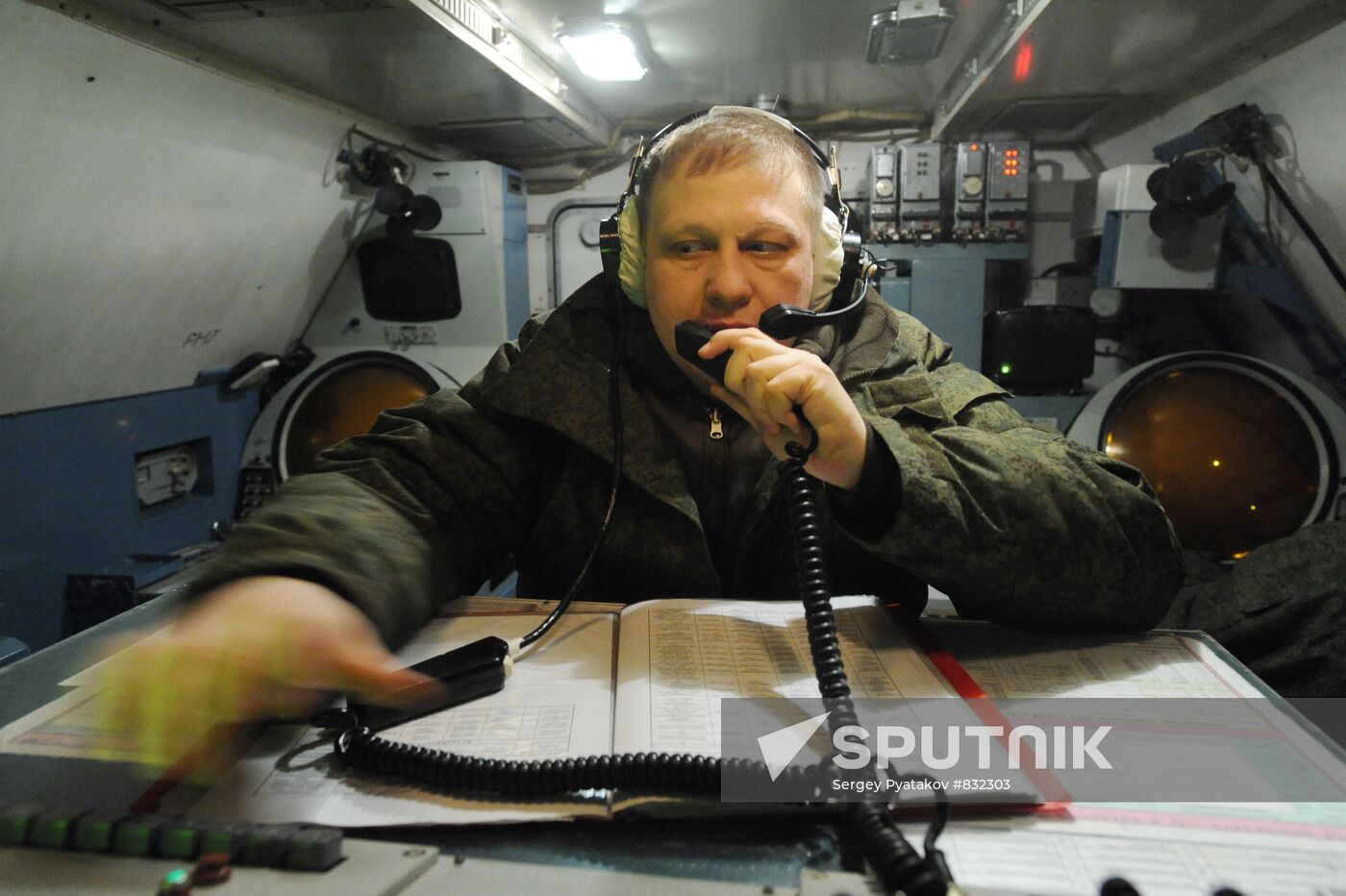 Watch officer Mikhail Lunyov on durty at command post