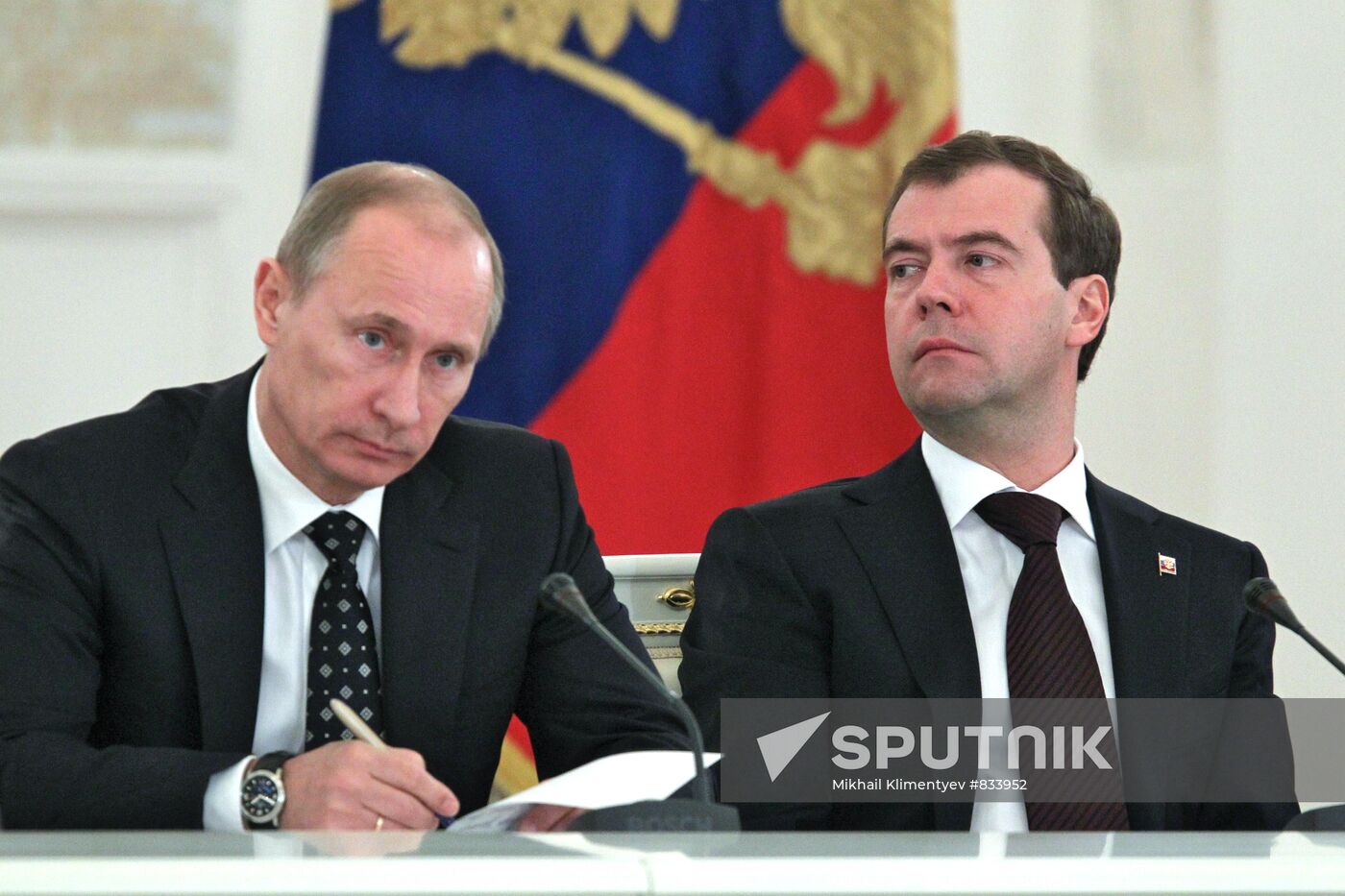 Dmitry Medvedev and Vladimir Putin at State Council meeting
