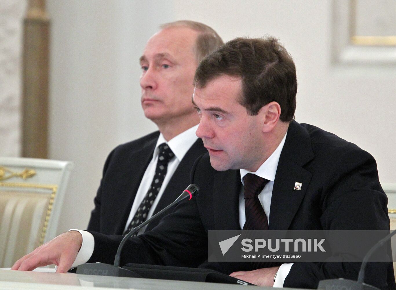 December 27, 2010. President Dmitry Medvedev, right, and Prime Minister Vladimir Putin during a meeting of the State Council, at the Kremlin. Location: Russia, Moscow. Author: Mikhail Klimentyev/Sputnik. Dmitry Medvedev and Vladimir Putin at State Council meeting