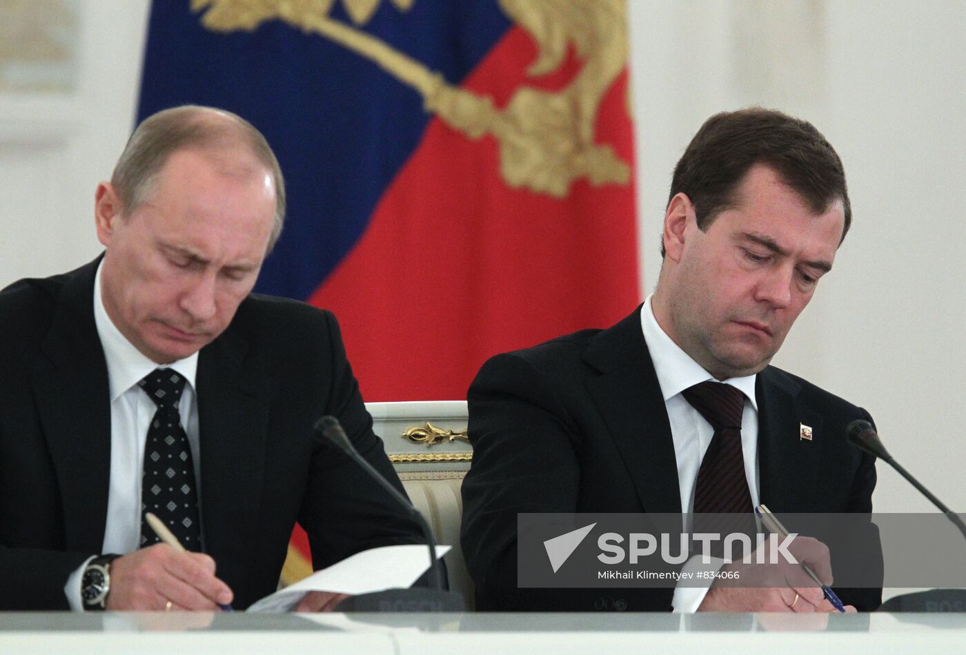 Russian President Dmitry Medvedev, right, and Prime Minister Vladimir Putin attending the State Council meeting at the Moscow Kremlin, December 27, 2010. Location: Russia, Moscow. Author: Mikhail Klimentyev/Sputnik. Dmitry Medvedev and Vladimir Putin attend State Council meeting