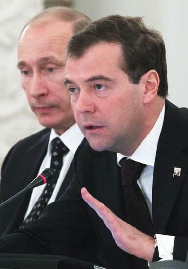 Dmitry Medvedev and Vladimir Putin attend State Council meeting