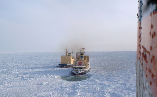 Icebreakers leading out ice-trapped ships in Sea of Okhotsk