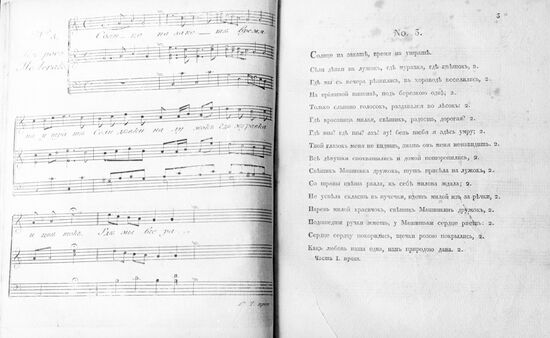 Two-page opening of "Simple Russian song collection with scores"