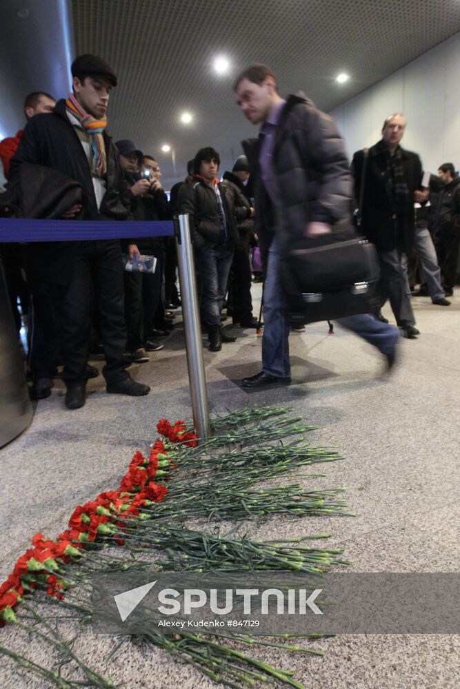 Flowers on the floor at the Domodedovo arrival's hall