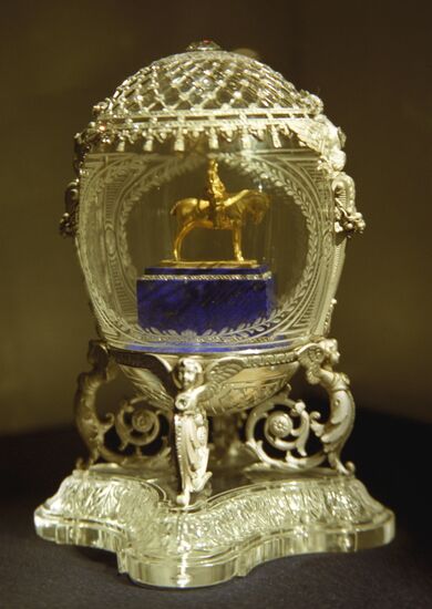 Faberge egg with model of monument to Alexander III