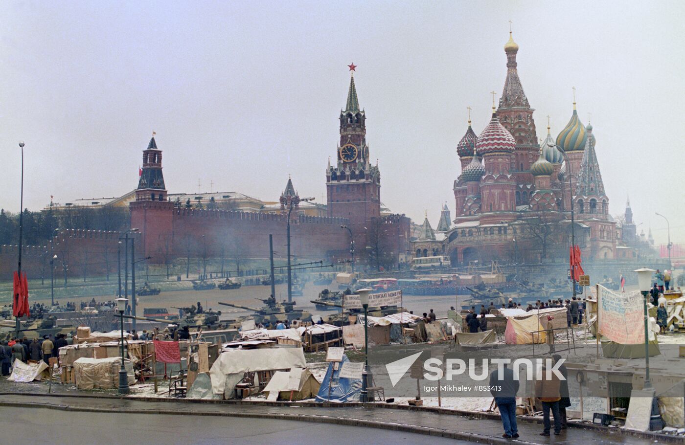 Tent camp and combat machines at hotel Rossia