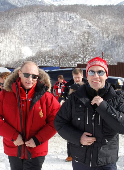 Dmitry Medvedev and Vladimir Putin visit Rosa Khutor ski resort