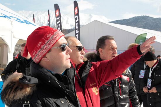 Dmitry Medvedev and Vladimir Putin visit Rosa Khutor ski resort