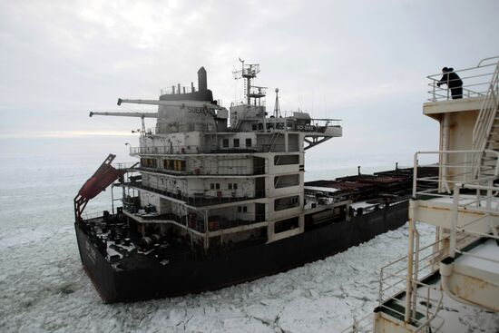 Vaigach nuclear icebreaker leading ships through Gulf of Finland