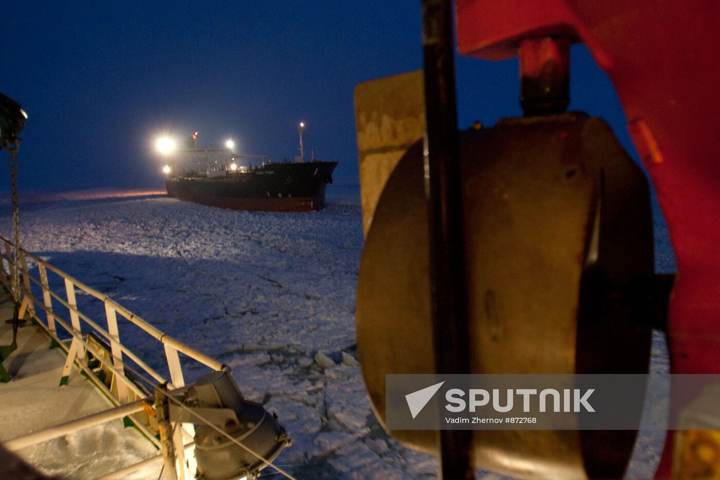 Vaigach nuclear icebreaker leading ships through Gulf of Finland