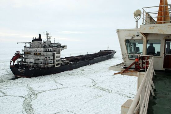 Vaigach nuclear icebreaker leading ships through Gulf of Finland