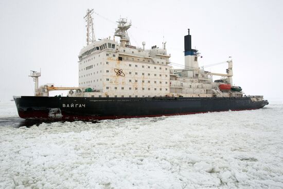 Vaigach nuclear icebreaker leading ships through Gulf of Finland