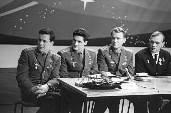 Cosmonauts Yevgeny Khrunov, Boris Volynov, Vladimir Shatalov and Alexei Yeliseyev during the "Star Atmosphere" TV show.
