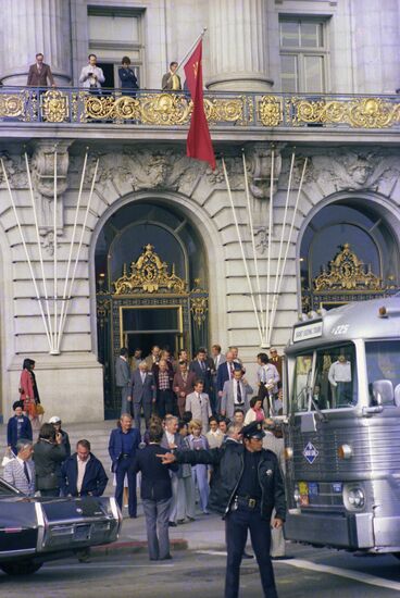 Soviet flag hung up over entrance to San Francisco City Hall