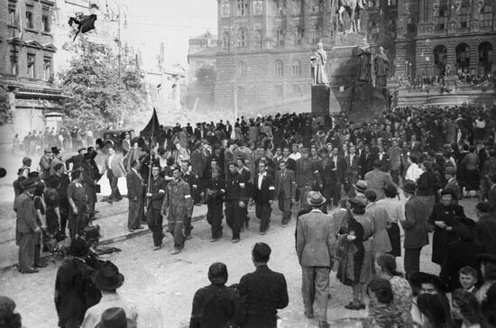 March of veterans of barricade fights in Prague, May of 1945