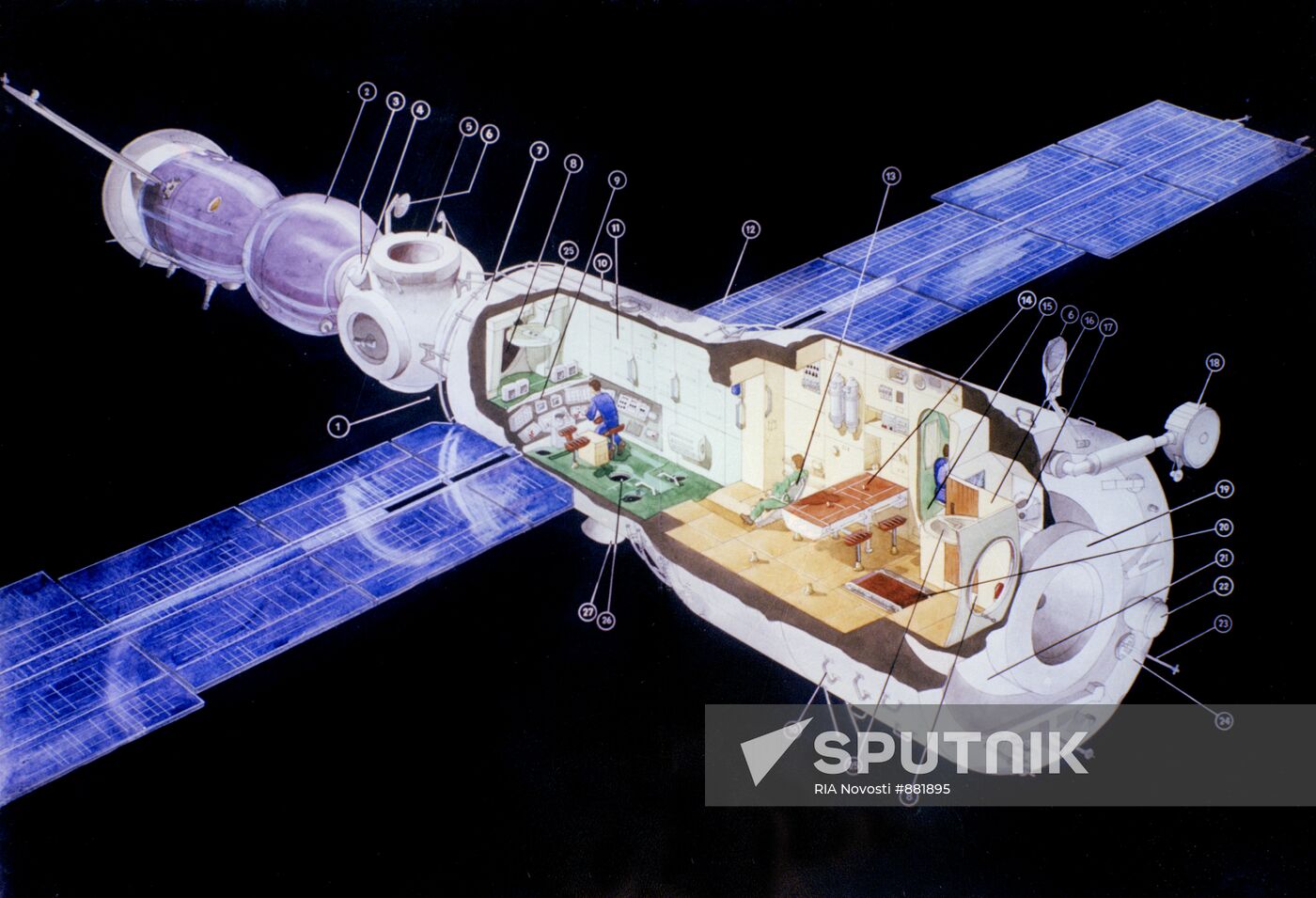 Picture-scheme depicting Mir orbital station. Reproduction