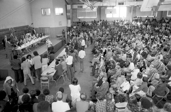 Participants of Apollo–Soyuz Test Project (ASTP) talking to students of Atlanta University