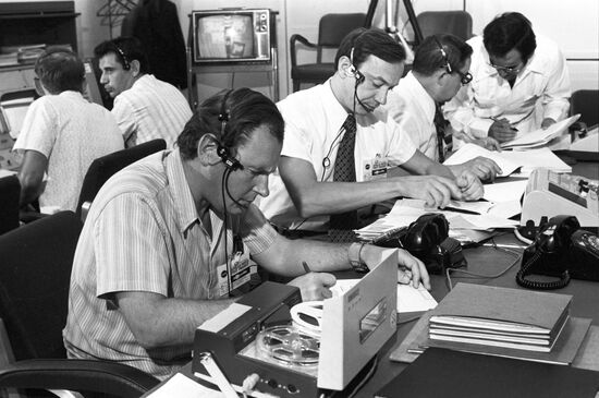 Soviet specialists Valery Illarionov, Oleg Bobkov and Valery Staroverov in NASA's Lyndon B. Johnson Space Center