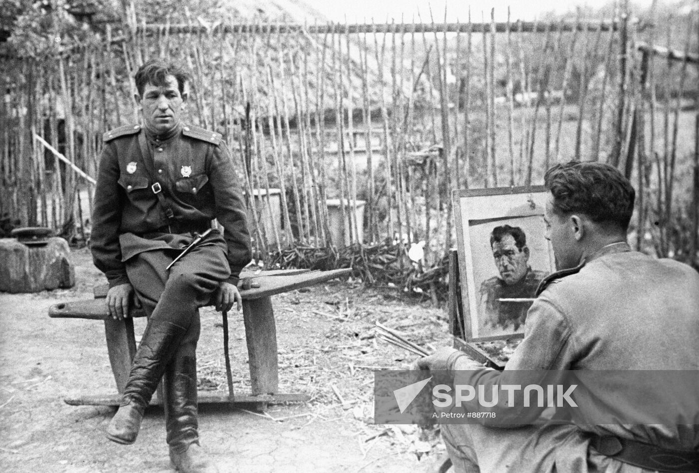 Artist N.Sokolov painting portrait of Lieutenant N.Bryskin