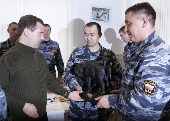 Dmitry Medvedev visits OMON riot police base "Bison" near Moscow