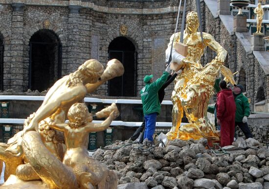 "Samson" fountain assembly after restoration in Petergof