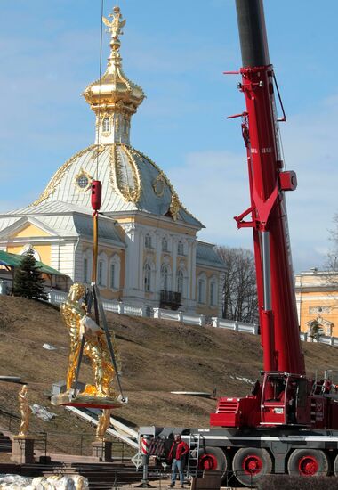 "Samson" fountain assembly after restoration in Petergof