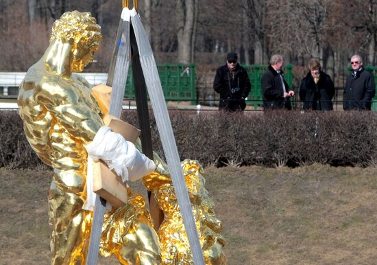 "Samson" fountain assembly after restoration in Petergof