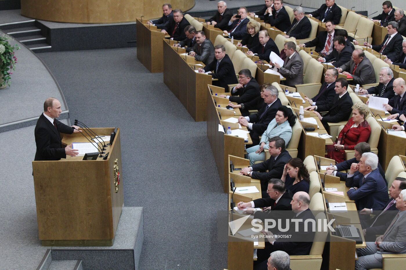 Russian Prime Minister Vladimir Putin speaking at State Duma