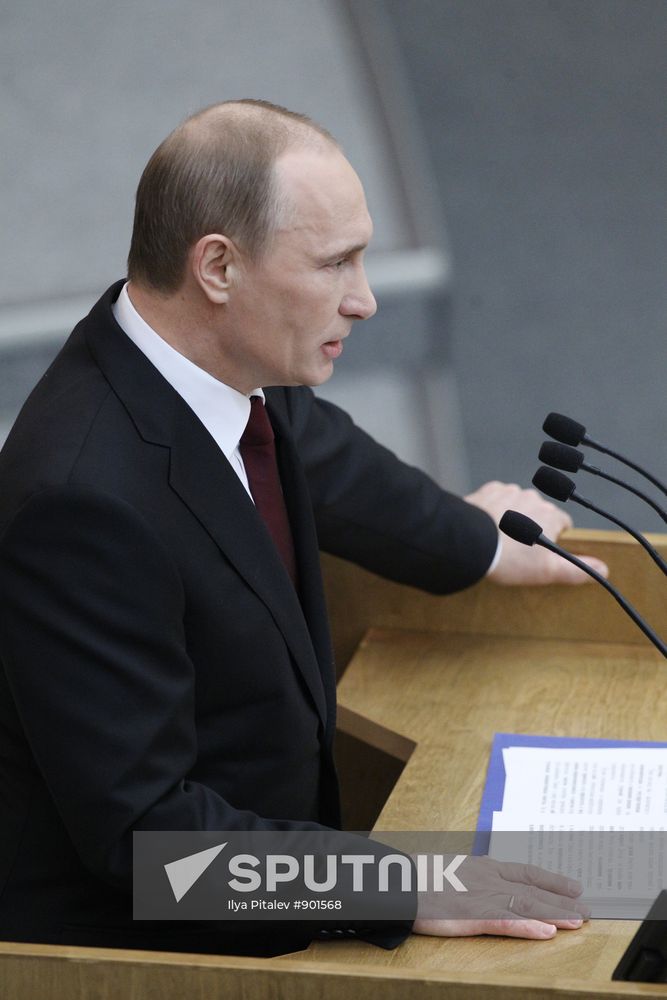 Russian Prime Minister Vladimir Putin speaking at State Duma
