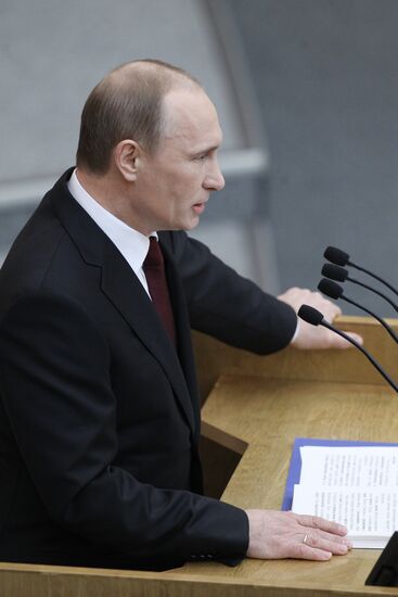 Russian Prime Minister Vladimir Putin speaking at State Duma