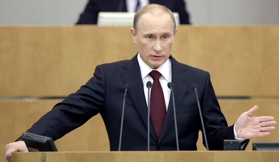 Russian Prime Minister Vladimir Putin speaking at State Duma