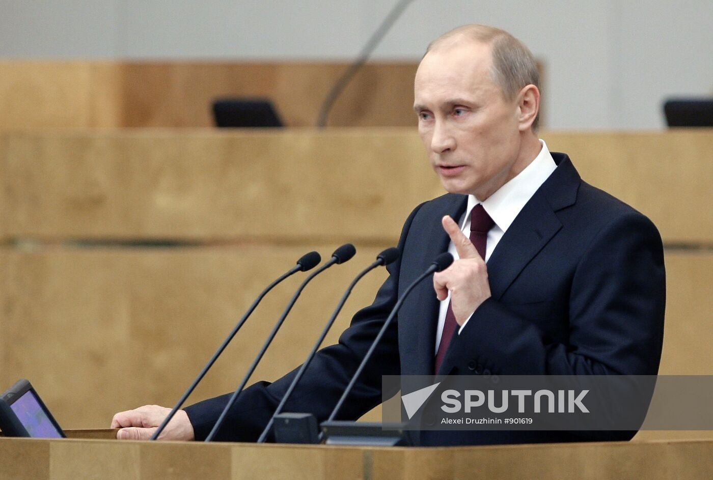 Russian Prime Minister Vladimir Putin speaking at State Duma