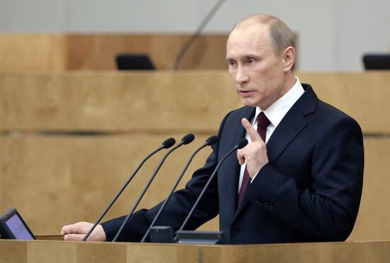Russian Prime Minister Vladimir Putin speaking at State Duma