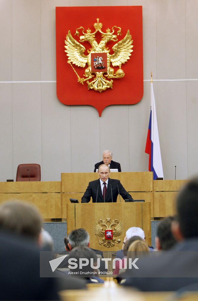 Russian Prime Minister Vladimir Putin speaking at State Duma