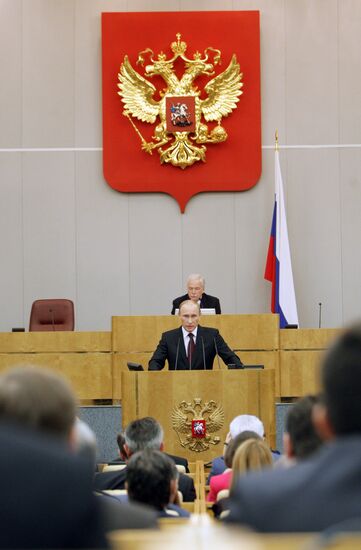 Russian Prime Minister Vladimir Putin speaking at State Duma