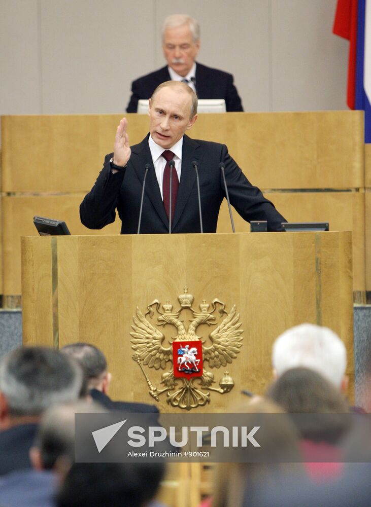 Russian Prime Minister Vladimir Putin speaking at State Duma