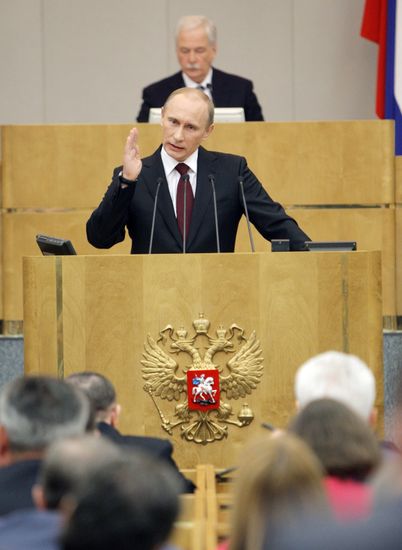 Russian Prime Minister Vladimir Putin speaking at State Duma