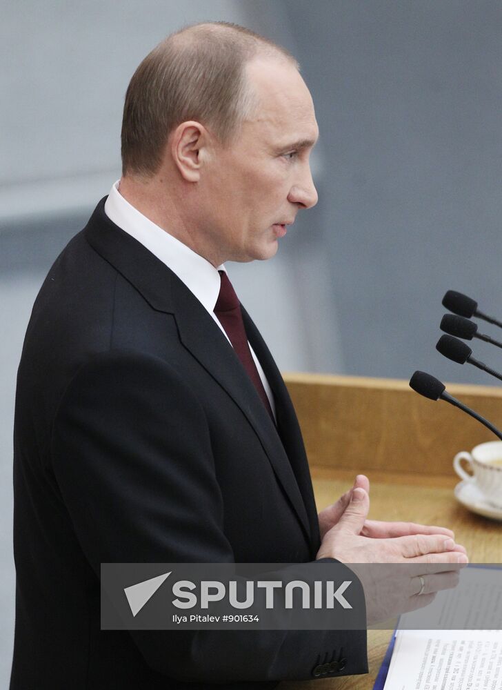 Russian Prime Minister Vladimir Putin speaking at State Duma