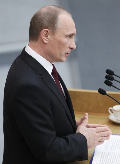 Russian Prime Minister Vladimir Putin speaking at State Duma
