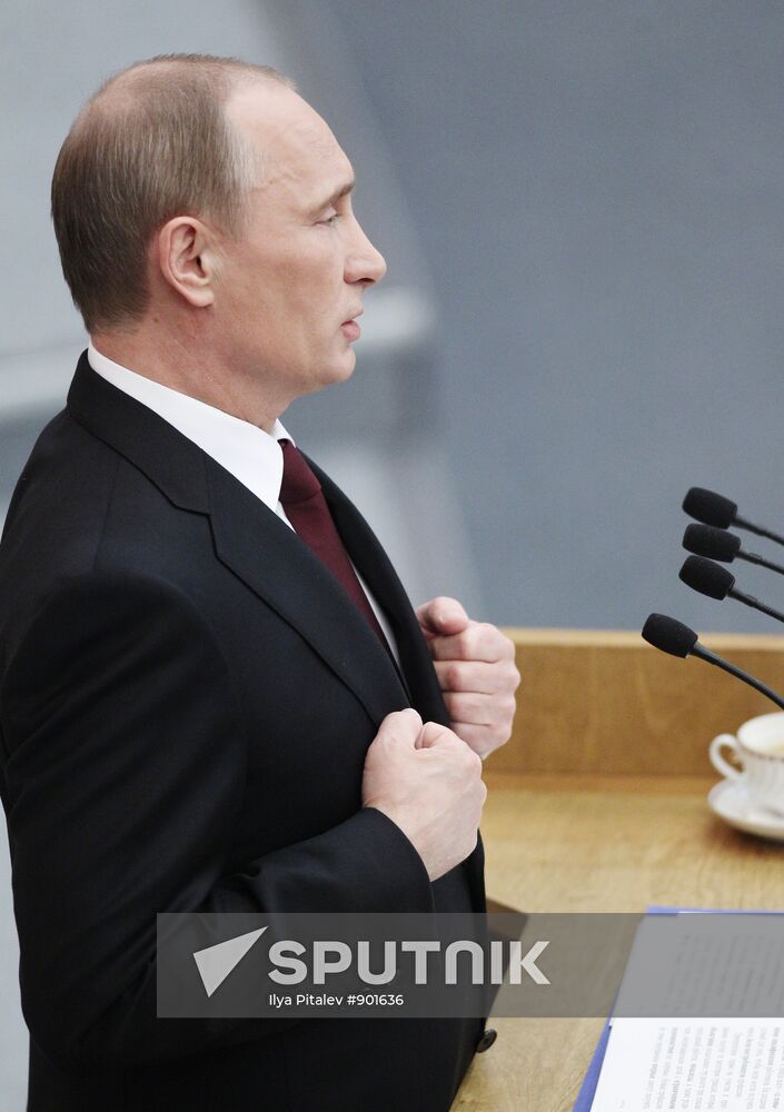 Russian Prime Minister Vladimir Putin speaking at State Duma