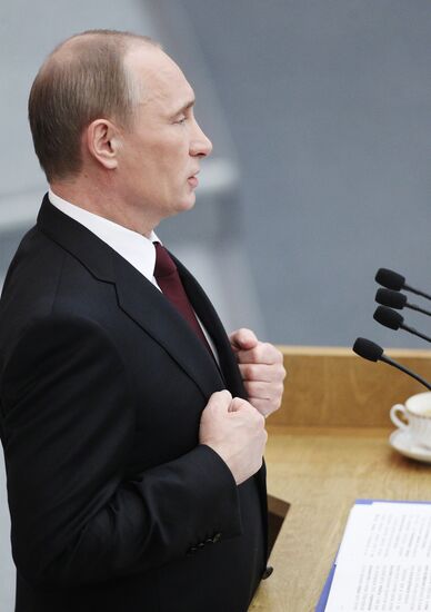 Russian Prime Minister Vladimir Putin speaking at State Duma