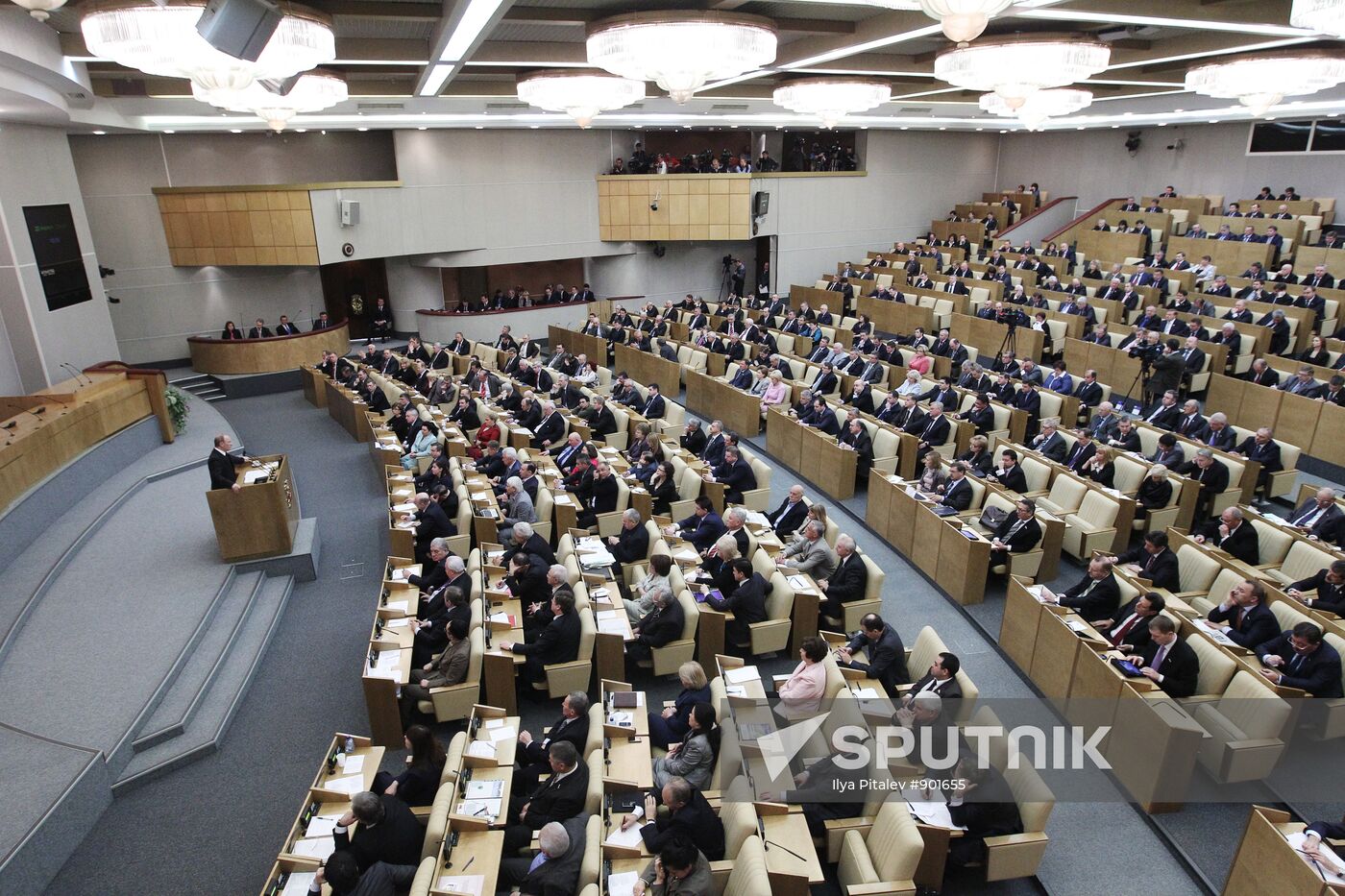 Russian Prime Minister Vladimir Putin speaking at State Duma